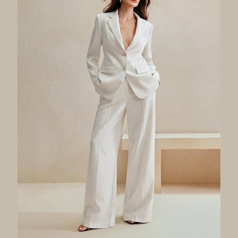 White Lapel Blazer and Wide Leg Extra Long Pants Suit Set